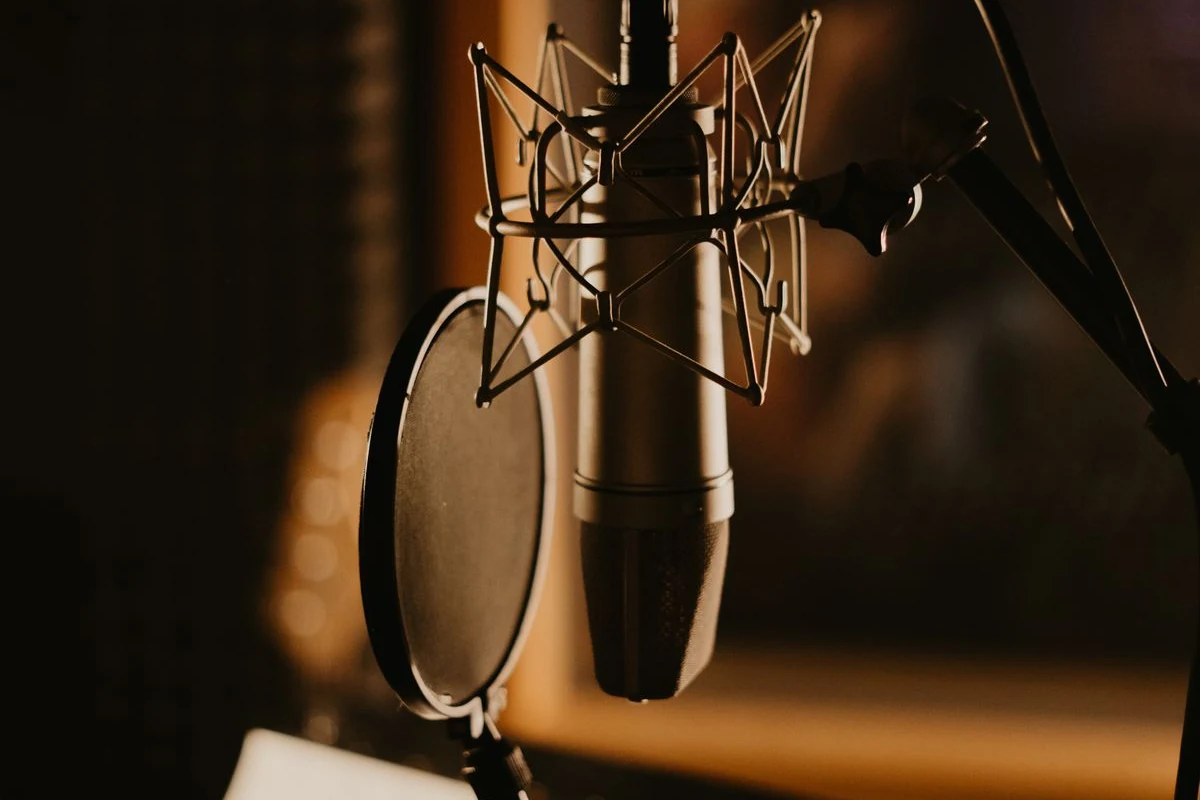 Micrófono de condensador en un soporte antivibración en un estudio de grabación